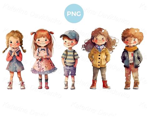 Watercolor Cartoon Little Girls And Boys With Different Clothes