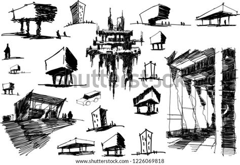 Many Hand Drawn Architectectural Sketches Modern Stock Vector Royalty