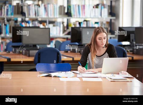 Female Student Working At Laptop In College Library Stock Photo Alamy