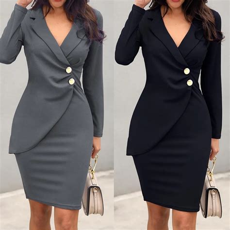 New Office Dress Women Elegant Women Office Lady Sexy Solid Turn Down Neck Long Sleeve Buttons