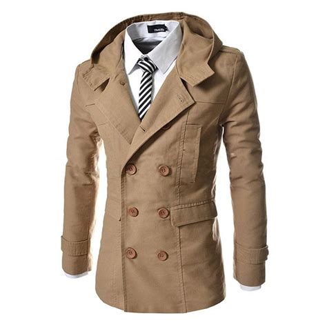 Us3810 Mens Double Breasted Slim Fit Wool Casual Hooded Trench Coat