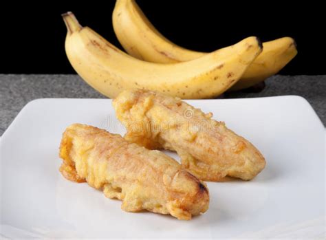 Fried Banana Pisang Goreng Indonesian Food Sliced On White Plate Stock