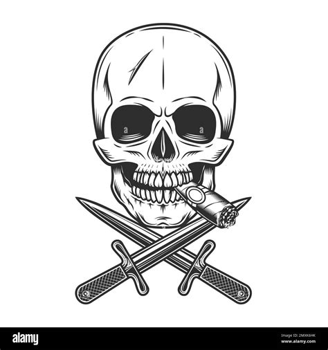 Gangster Skull Smoking Cigar Or Cigarette Smoke With Crossed Knives In