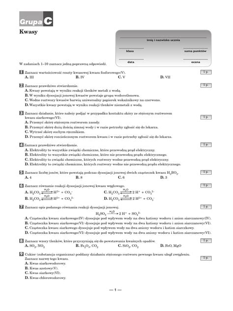 Chemia Nowej Ery 2 Kwasy Sprawdzian - Kwasy - Test C I D - (Chemia Nowej Ery 2) | PDF