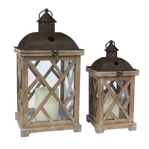 Stonebriar Decorative Wooden Hurricane Candle Lantern Set Use As