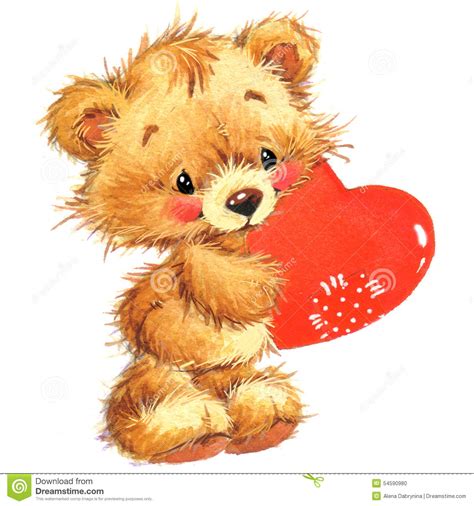 Cute Animal And Valentine Red Heart Watercolor Stock Illustration