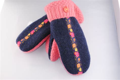 Upcycled Wool Sweater Mitten With Ribbon Accent From