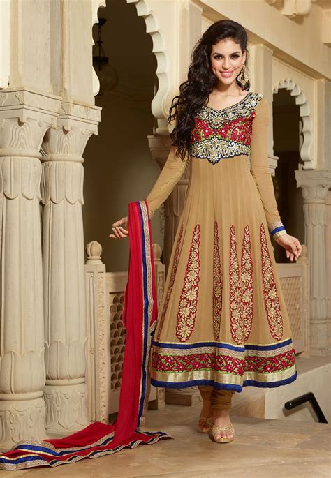 Beige Faux Georgette Anarkali Churidar Kameez 11742 Indian Fashion Indian Outfits Desi