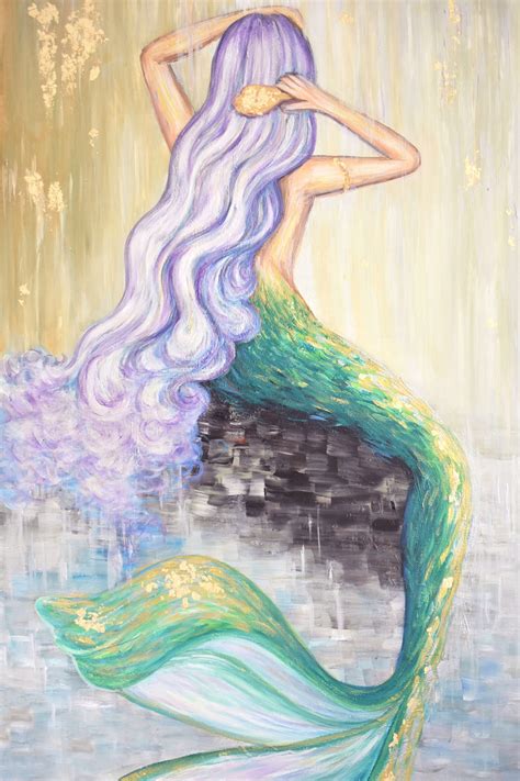 Siren Oil Painting Mermaid Pearl Waterfall Violet Hair Green Tail White Water Mermaids Magical