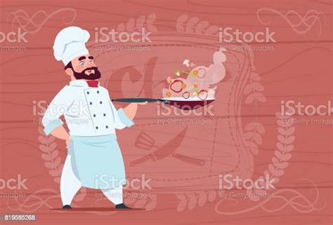 Chef Cook Holding Frying Pan With Hot Food Smiling Cartoon In White