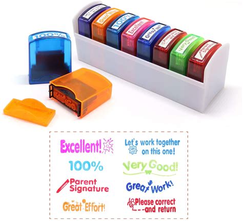 Tazemat 8pcs Teacher Stamps For Grading Classroom Colorful Self Inking Stamp Set Stamps For
