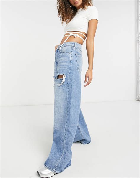 Bershka 90s Baggy Jeans With Thigh Rip In Blue Lyst