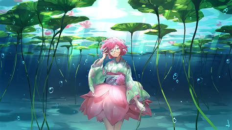 Underwater Water Pink Hair Green Eyes Short Hair Glasses Anime Girls