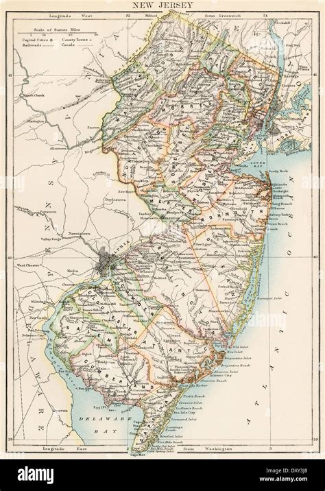 Mapa de Nueva Jersey 1870 Litografía impresa en color Fotografía de