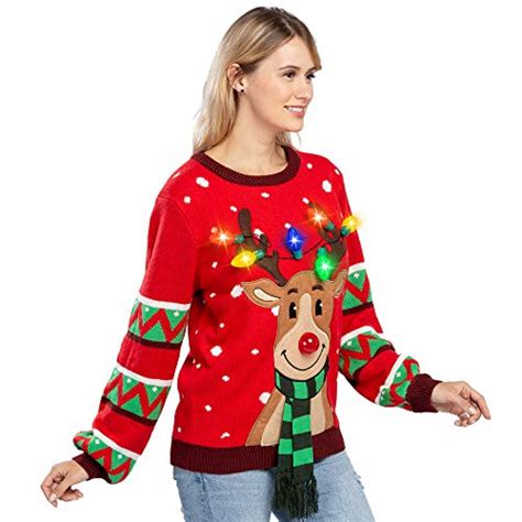 womens led light up reindeer ugly christmas sweater built in light bulbs red medium pricepulse