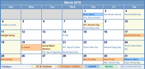 March 2018 Calendar With Holidays As Picture