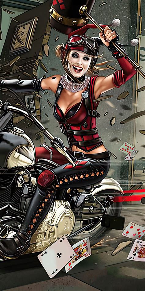 1080x2160 Harley Quinn With Bike Break Into Police Station