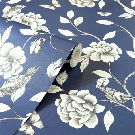 Rose Garden Navy Blue Floral Wallpaper Navy Wallpaper Home Art