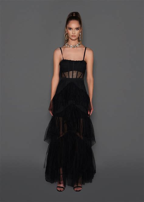 Black Sheer Panel Corset Tulle Maxi Dress Tulle Maxi Dress Black