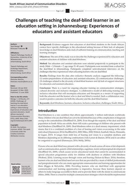 Pdf Challenges Of Teaching The Deaf Blind Learner In An Education