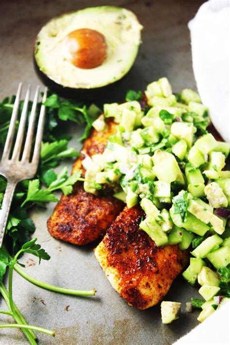 Brush tilapia with olive oil. Blackened Tilapia with Cucumber Avocado Salsa 21 Day Fix - This healthy and easy recipe is one ...