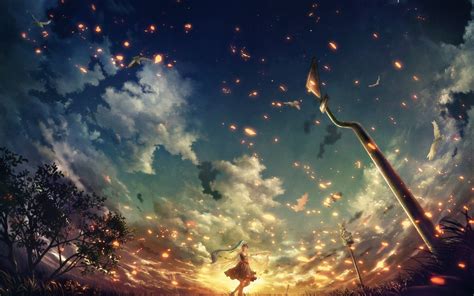 Anime Sunset Clouds Trees Warning Signs Hatsune Miku
