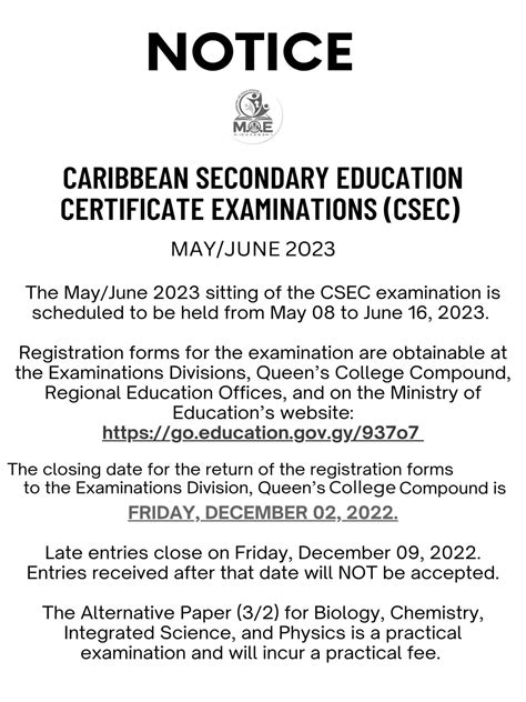 Caribbean Secondary Education Certificate Examinations Csec Notice
