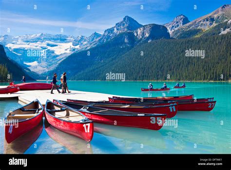 Red Canoes For Hire On Lake Louise Banff National Park Alberta Canadian