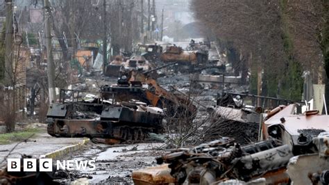 Ukraine War Bucha Street Littered With Burned Out Tanks And Corpses