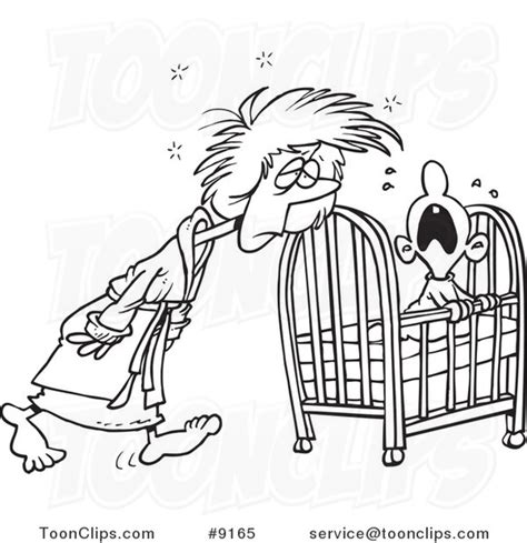 Cartoon Black And White Line Drawing Of A Tired Mother Tending To Her