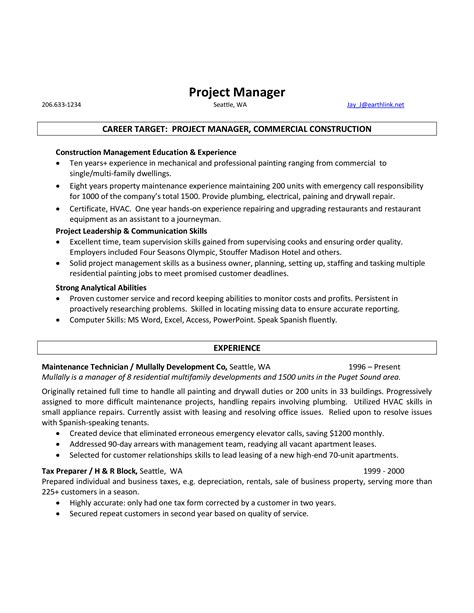 Project Manager Resume Template Word Free Samples Exa