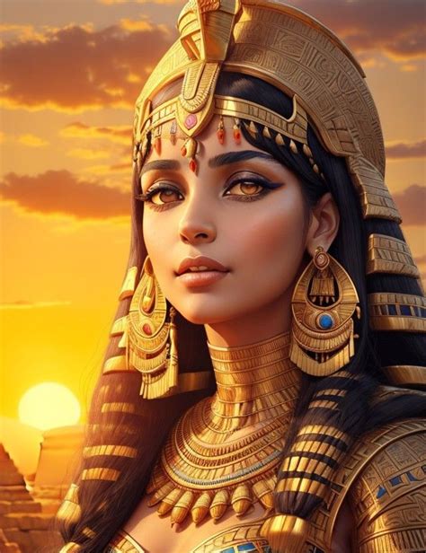 an egyptian woman wearing gold jewelry in front of the setting sun with pyramids behind her