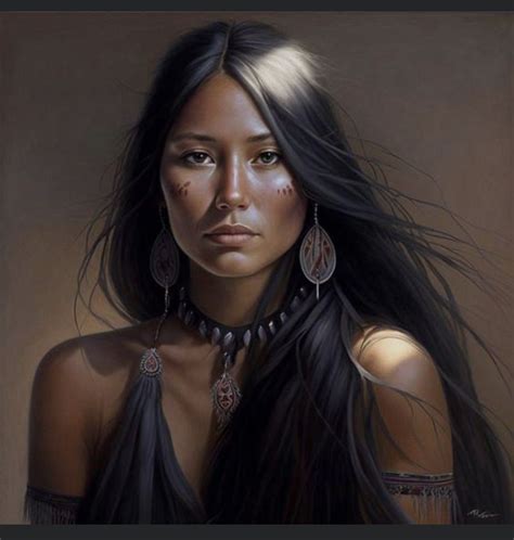 A Painting Of A Native American Woman With Long Black Hair And Jewelry On Her Neck