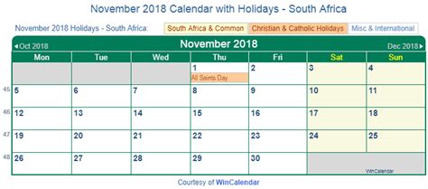 Print Friendly November 2018 South Africa Calendar For Printing