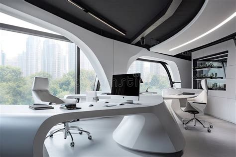 Futuristic Office Building With Glass Walls And Floating Staircase