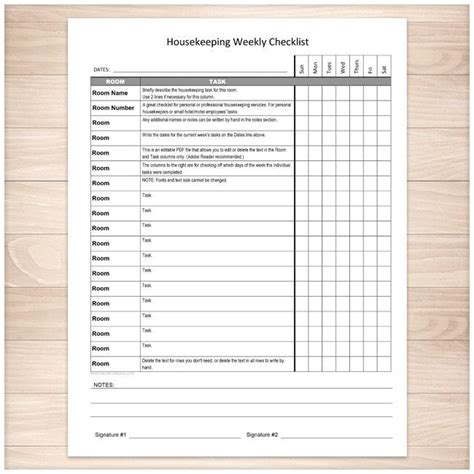 Housekeeping Weekly Checklist Cleaning Services Editable Room And