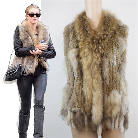 Buy Women Real Rabbit Fur Knitted Raccoon Fur Vest Womens Vests Knit Gilets