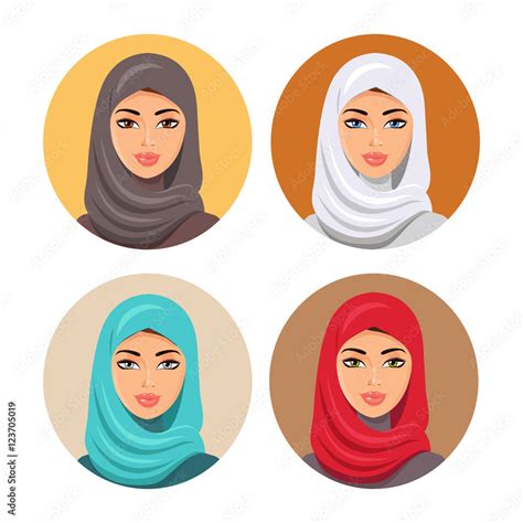 beautiful muslim woman icons set female portrait in hijab vector illustration vector de stock