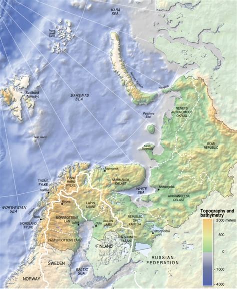 Mapa para imprimir de Barents Mapa físico de la región de Barents GRID