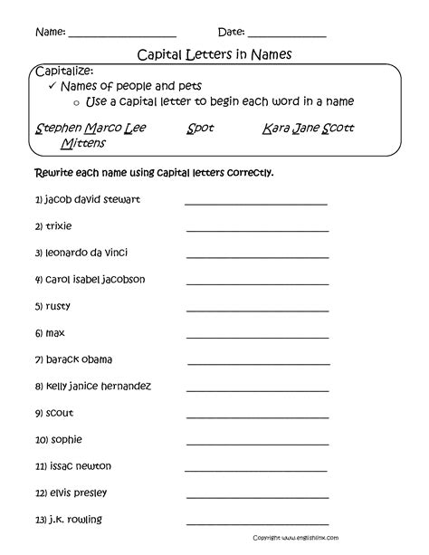 One must always capitalize the starts or beginnings of sentences. Capitalization Worksheets | Names Capitalization Worksheets