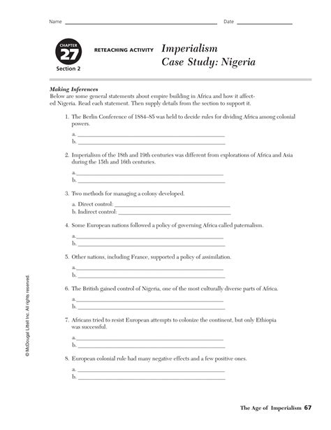 Chapter 27 Section 2 Imperialism Case Study Nigeria Worksheet Answers