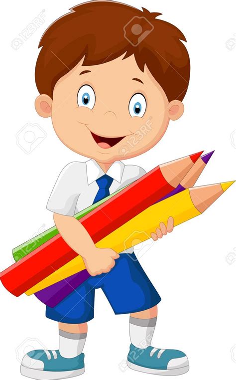 Niño De La Escuela De Dibujos Animados Con Lápices De Colores