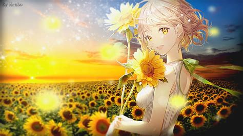 Hd Wallpaper Anime Girls Sunflowers Picture In Picture Flowering