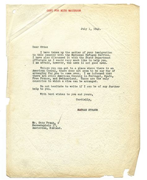 July 1 1941 Letter To Otto Frank From Nathan Straus Regarding The