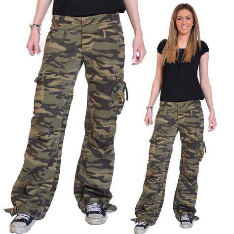 new womens army green military camouflage cargo combat pants jeans wide trousers ebay