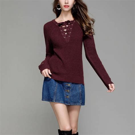 Buy Autumn Spring Women Novelty Sweater Sexy Lace Up V