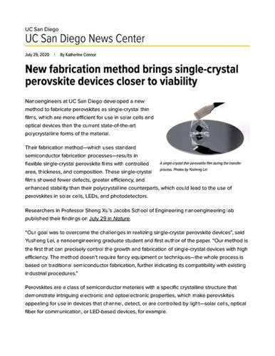 New Fabrication Method Brings Single Crystal Perovskite Devices Closer