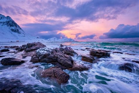 Premium Photo Norwegian Sea Waves On Rocky Coast Of Lofoten Islands