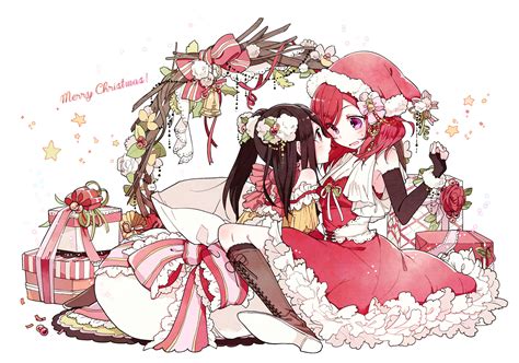 2girls Black Hair Boots Bow Christmas Elbow Gloves Flowers