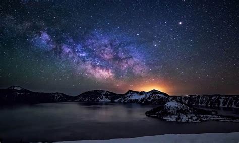 Crater Lake Night Sky With Star Milkyway Desktop Wallpaper
